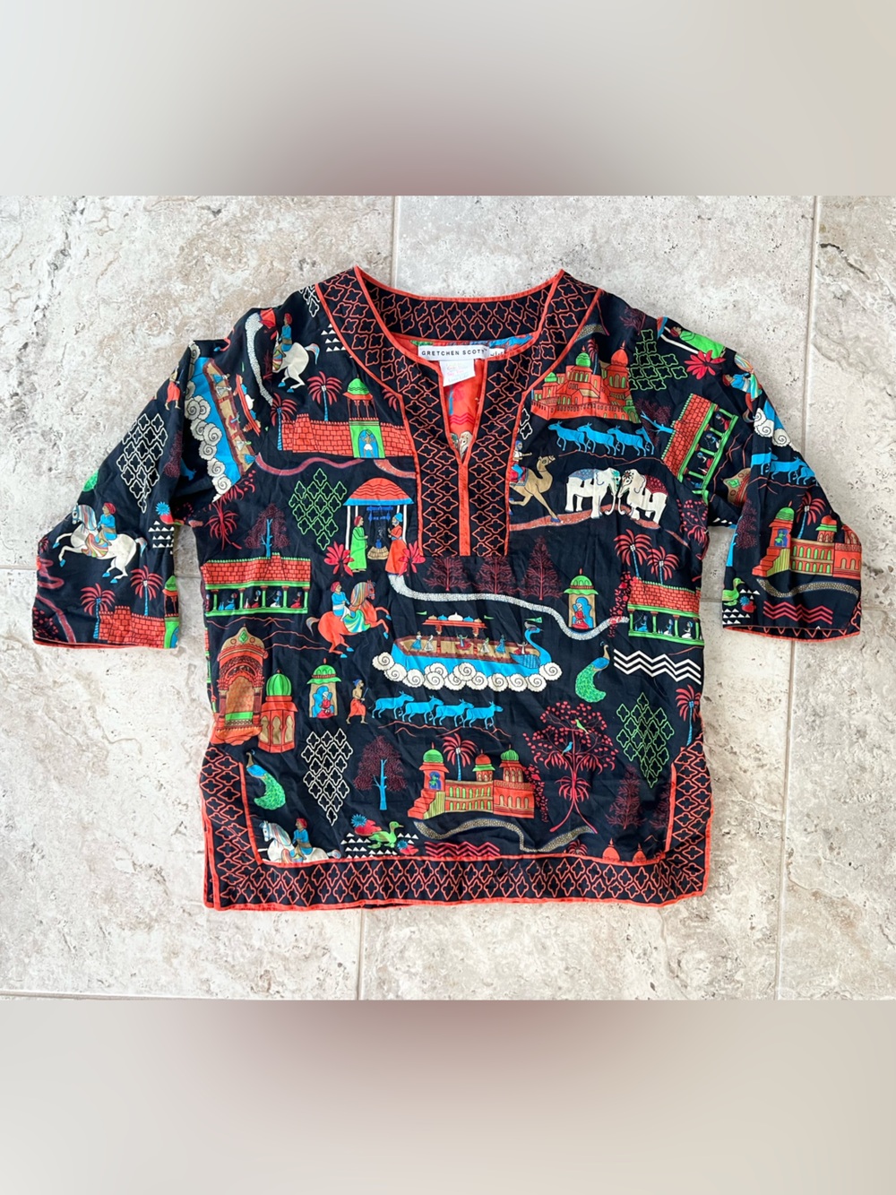 Gretchen Scott Indian Palace Print 3/4 Sleeve Split Neck Cotton Blouse Top Large
